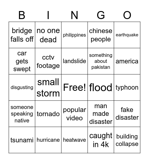 natural disasters Bingo Card