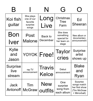 Eras Tour Final Weekend Bingo Card