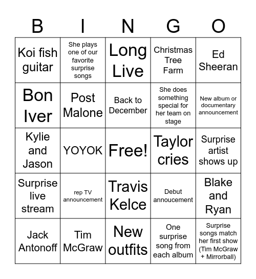 Eras Tour Final Weekend Bingo Card