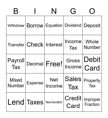 Financial Literacy Bingo Card