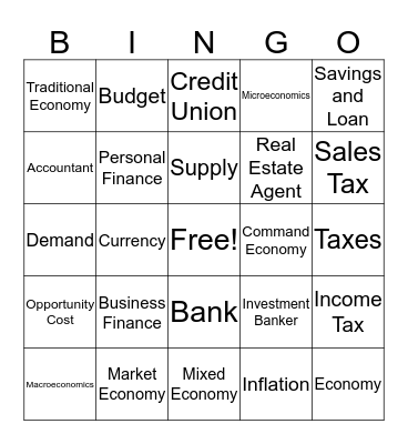Mini-Economy Bingo Game Bingo Card