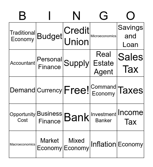 Mini-Economy Bingo Game Bingo Card