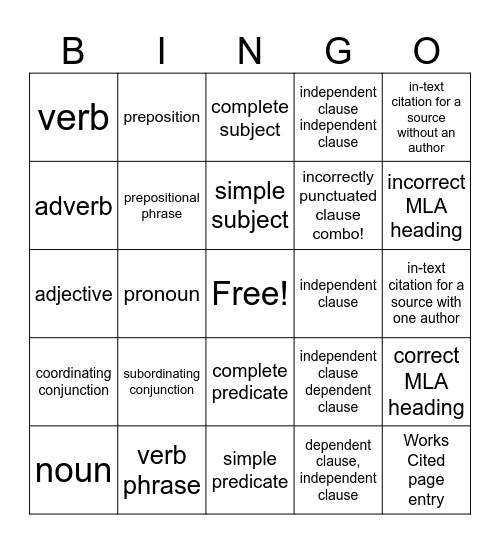 Grammar/MLA Format BINGO Card