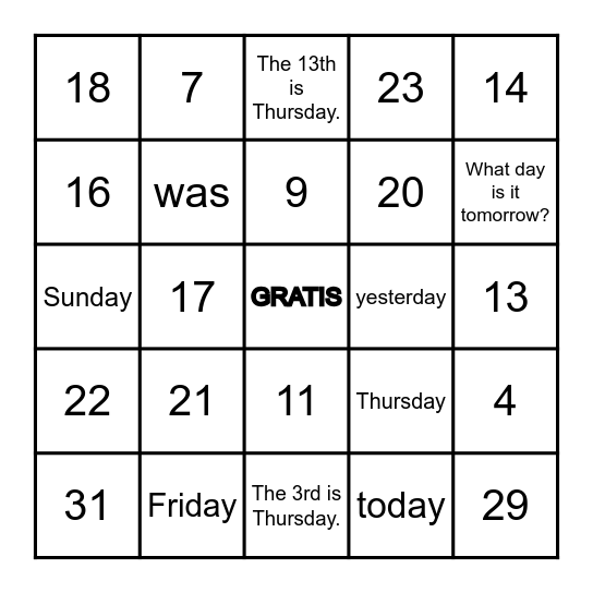 Quarter 2 Bingo (Days, Numbers 1-31) Bingo Card