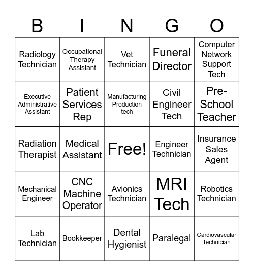 Careers that require a 2 year degree Bingo Card