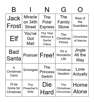 Holiday Movies Bingo Card