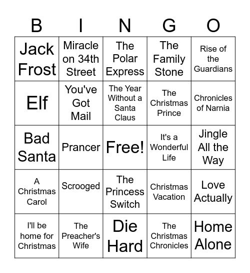 Holiday Movies Bingo Card