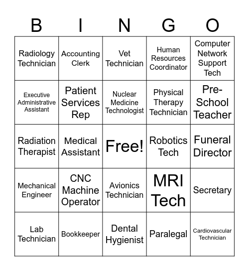 Careers that require a 2 year degree Bingo Card