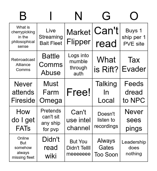 Null Life Bingo Card