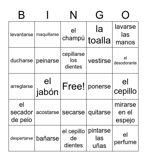 Verbos Reflexivos Bingo Card