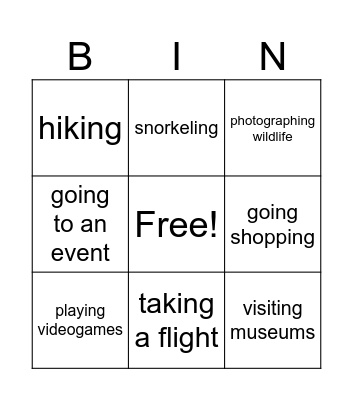 Vacation activities Bingo Card