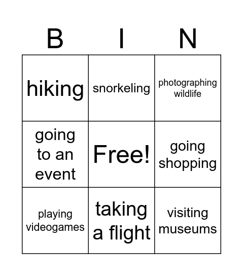 Vacation activities Bingo Card