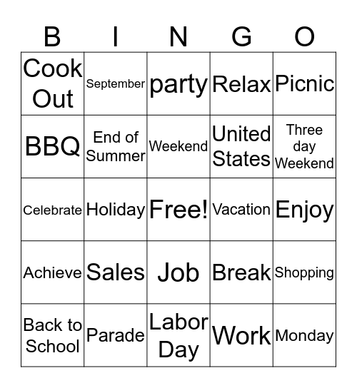 Labor Day 2016 Bingo Card