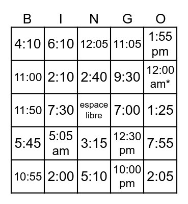 Telling Time Bingo Card