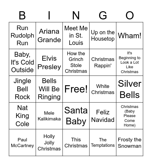 Holiday Music Bingo Card