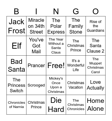 Holiday Movies Bingo Card