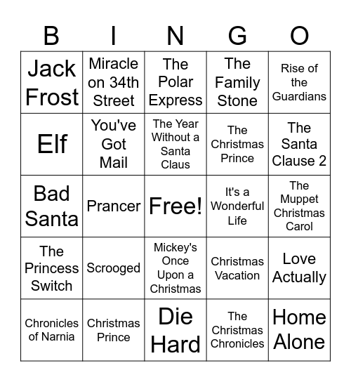 Holiday Movies Bingo Card