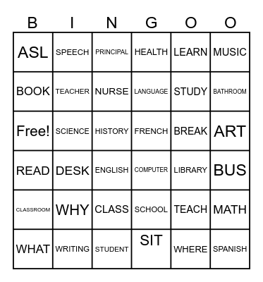 ASL School Vocabulary Bingo Card