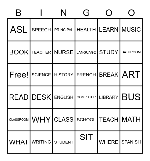 ASL School Vocabulary Bingo Card