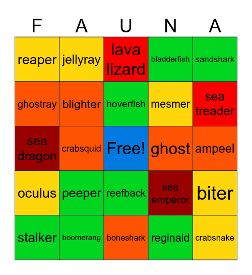 Subnautica Fauna Bingo Card