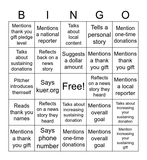 Fund Drive Bingo Card