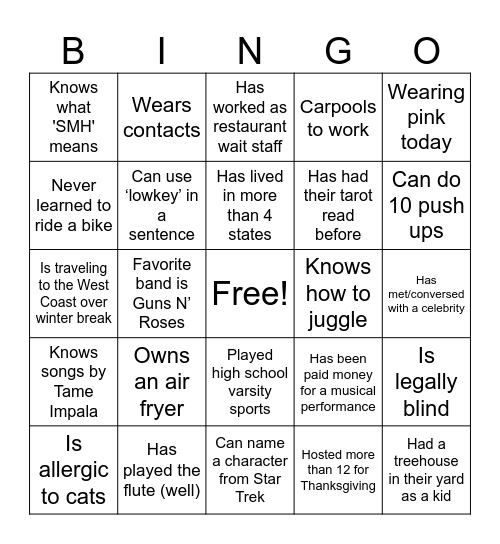 Mingle Bingo Card