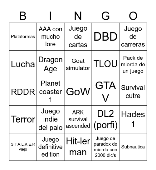 Juegos del diablo EPIC GAMES Bingo Card