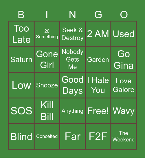 SZA Bingo Card