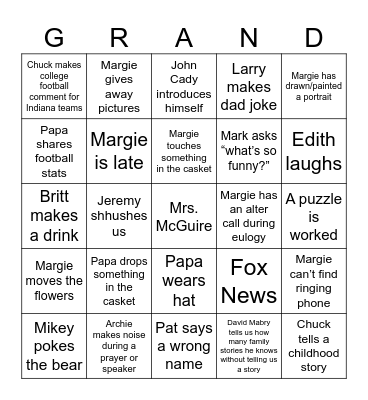 Funeral Bingo Card