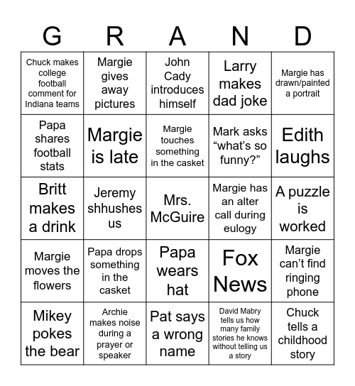 Funeral Bingo Card