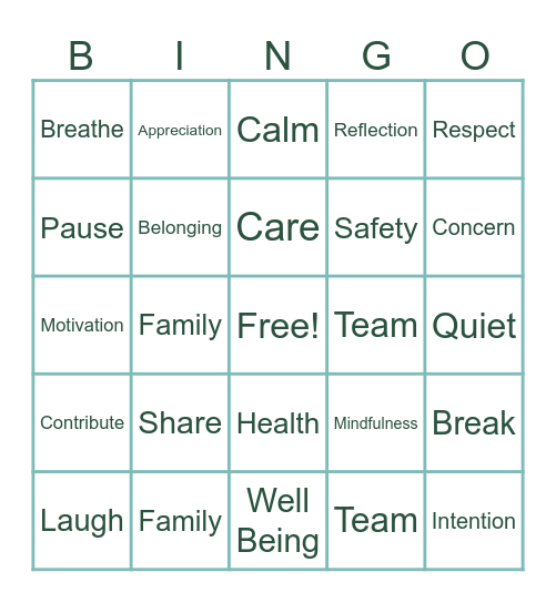 Healthy Culture Bingo Card