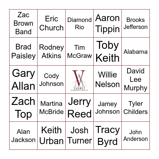 All-Time Country Bingo Card