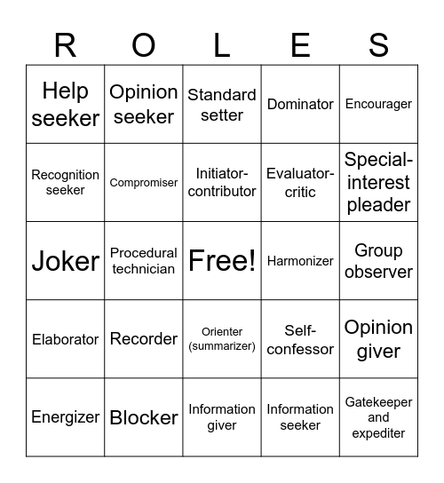 Roles Bingo Card