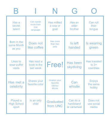 UNC GRAD SCHOOL BINGO: Find someone who matches the description and write their name in the box Bingo Card