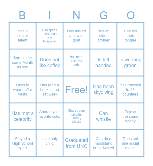 UNC GRAD SCHOOL BINGO: Find someone who matches the description and write their name in the box Bingo Card