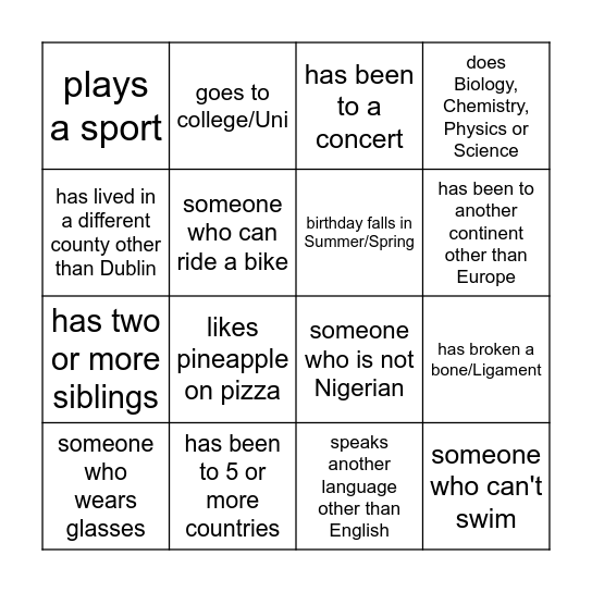 Human Bingo! Bingo Card