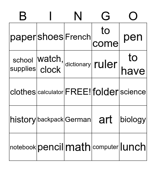 English BINGO Card