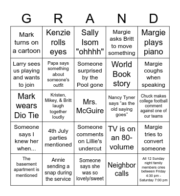 Funeral Bingo Card