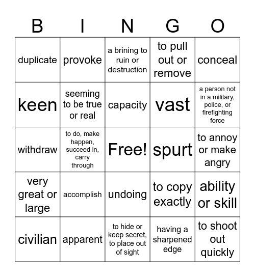 Unit 6 Vocabulary Bingo Card
