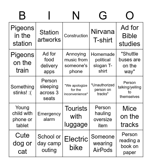 Riding the TTC Bingo Card