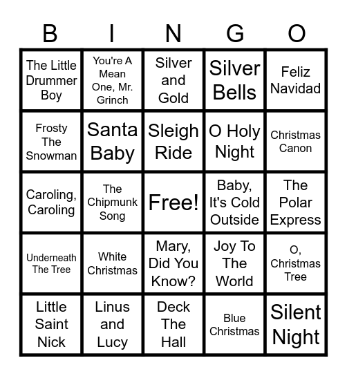 Christmas Music BINGO Card