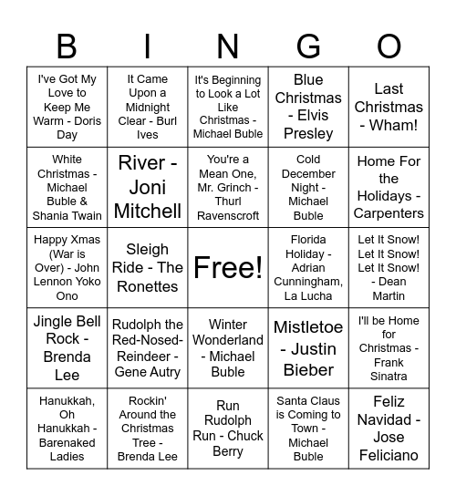 Holiday Music Bingo Card