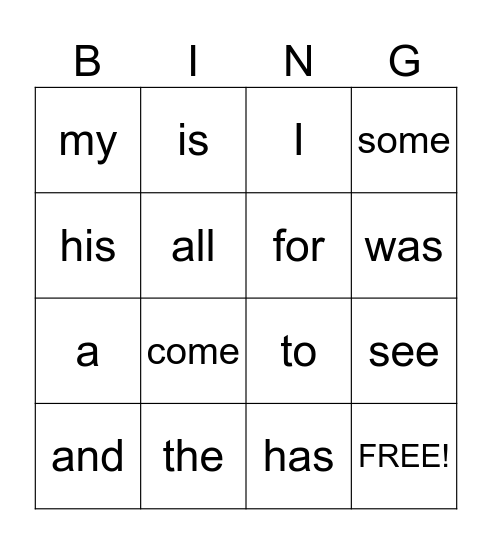 Unit 1 HFW Bingo Card