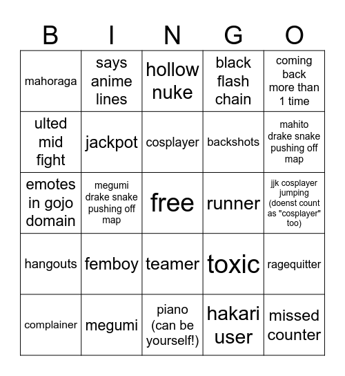 jujutsu shenanigans bingo Card