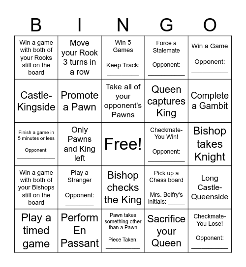 Chess Club Bingo Card