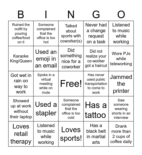 Workplace Bingo Card