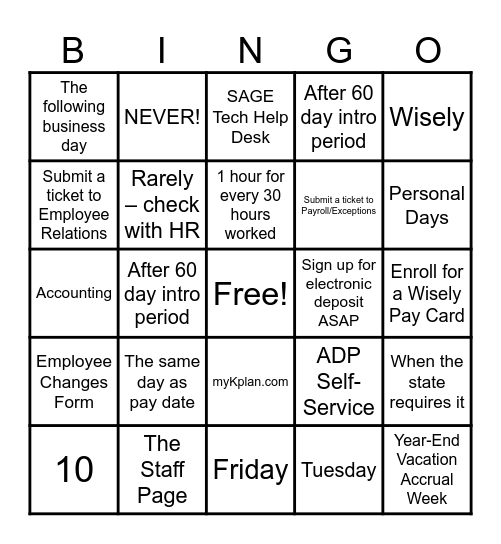 Payroll Bingo Card