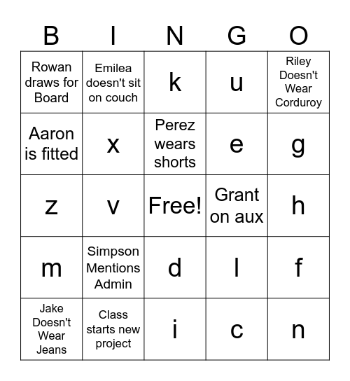 8th Period Bingo Card