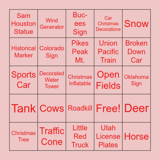 Colorado Christmas Trip Bingo Card