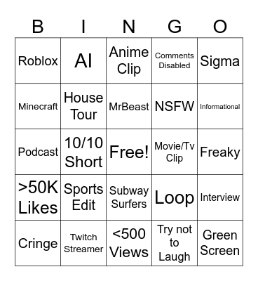 Shorts Bingo Card